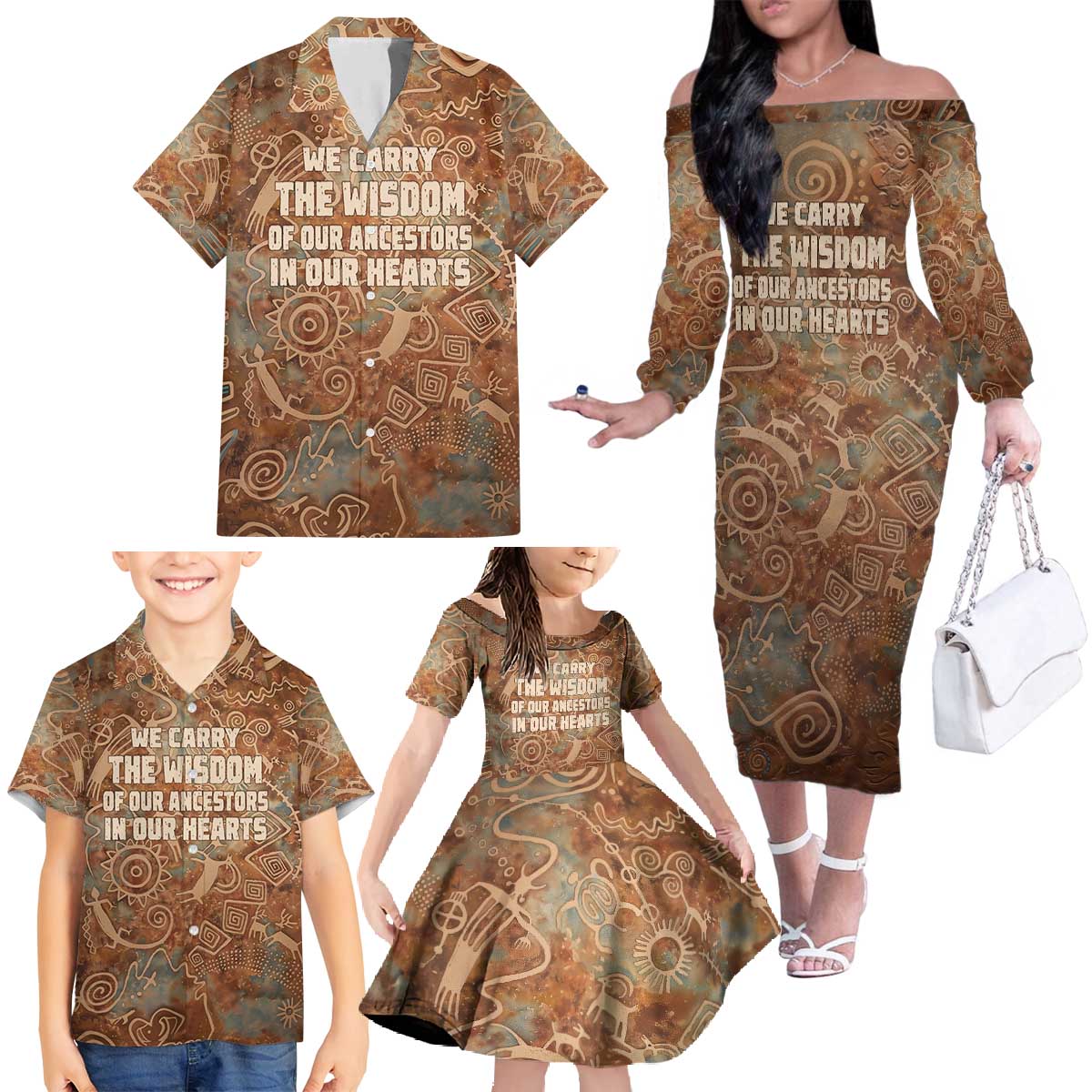 We Carry The Wisdom Family Matching Off The Shoulder Long Sleeve Dress and Hawaiian Shirt African Ancient Symbols, Earthy Tones, and Ancestral Wisdom Quote - Wonder Print Shop