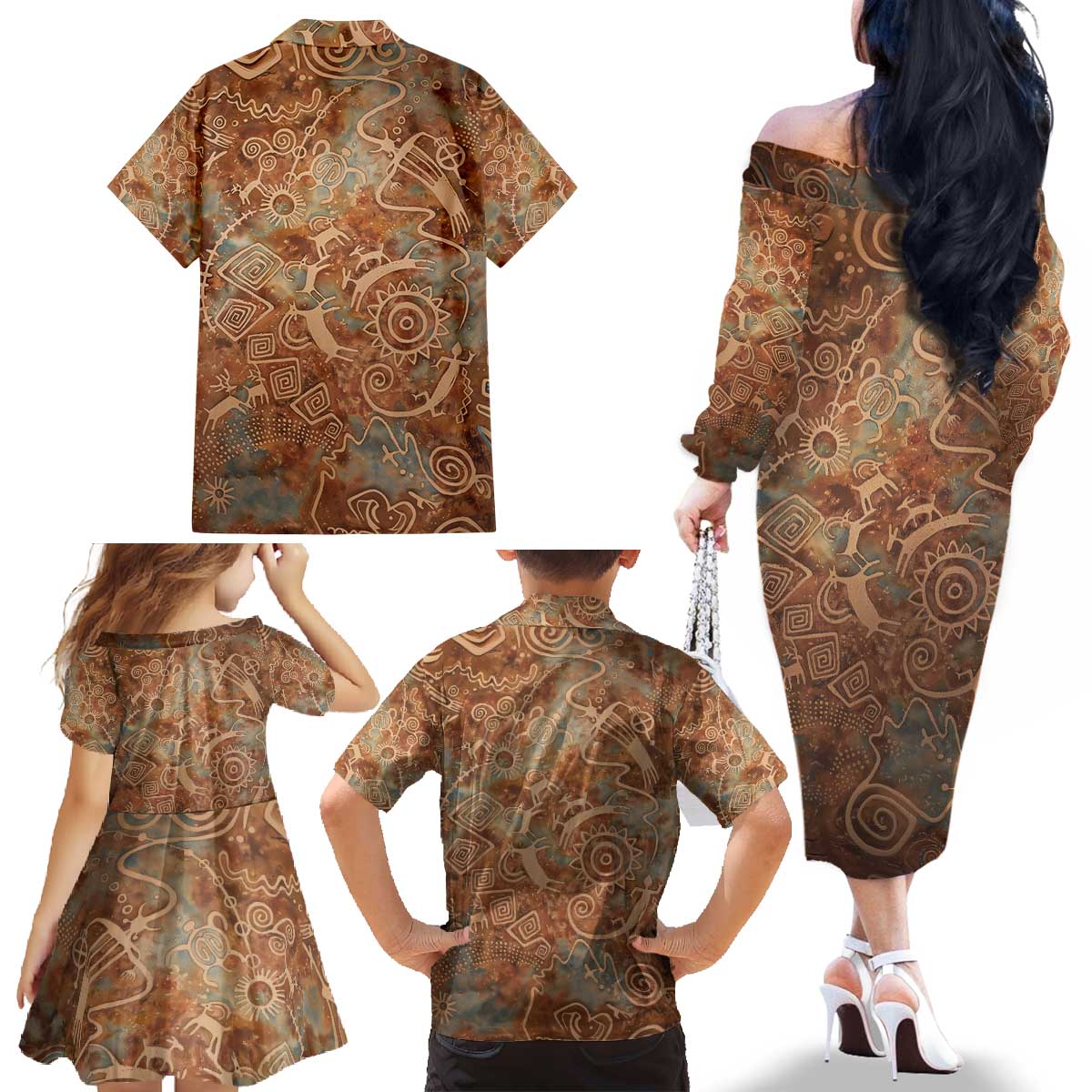 We Carry The Wisdom Family Matching Off The Shoulder Long Sleeve Dress and Hawaiian Shirt African Ancient Symbols, Earthy Tones, and Ancestral Wisdom Quote - Wonder Print Shop