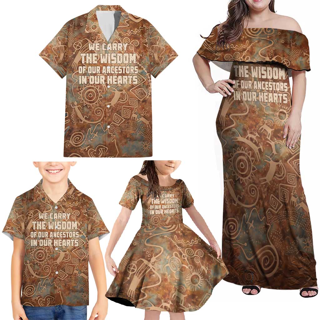 We Carry The Wisdom Family Matching Off Shoulder Maxi Dress and Hawaiian Shirt African Ancient Symbols, Earthy Tones, and Ancestral Wisdom Quote - Wonder Print Shop