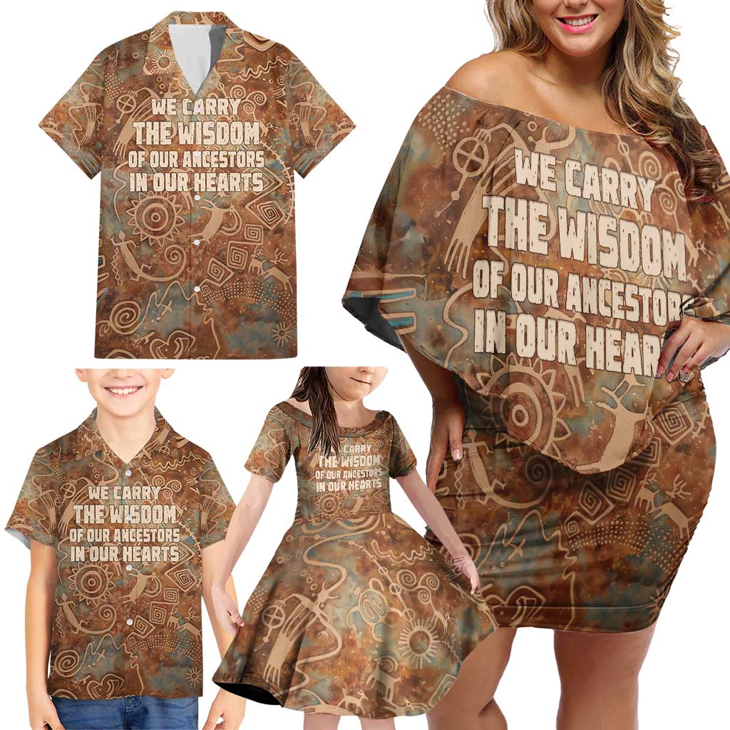 We Carry The Wisdom Family Matching Off Shoulder Short Dress and Hawaiian Shirt African Ancient Symbols, Earthy Tones, and Ancestral Wisdom Quote - Wonder Print Shop