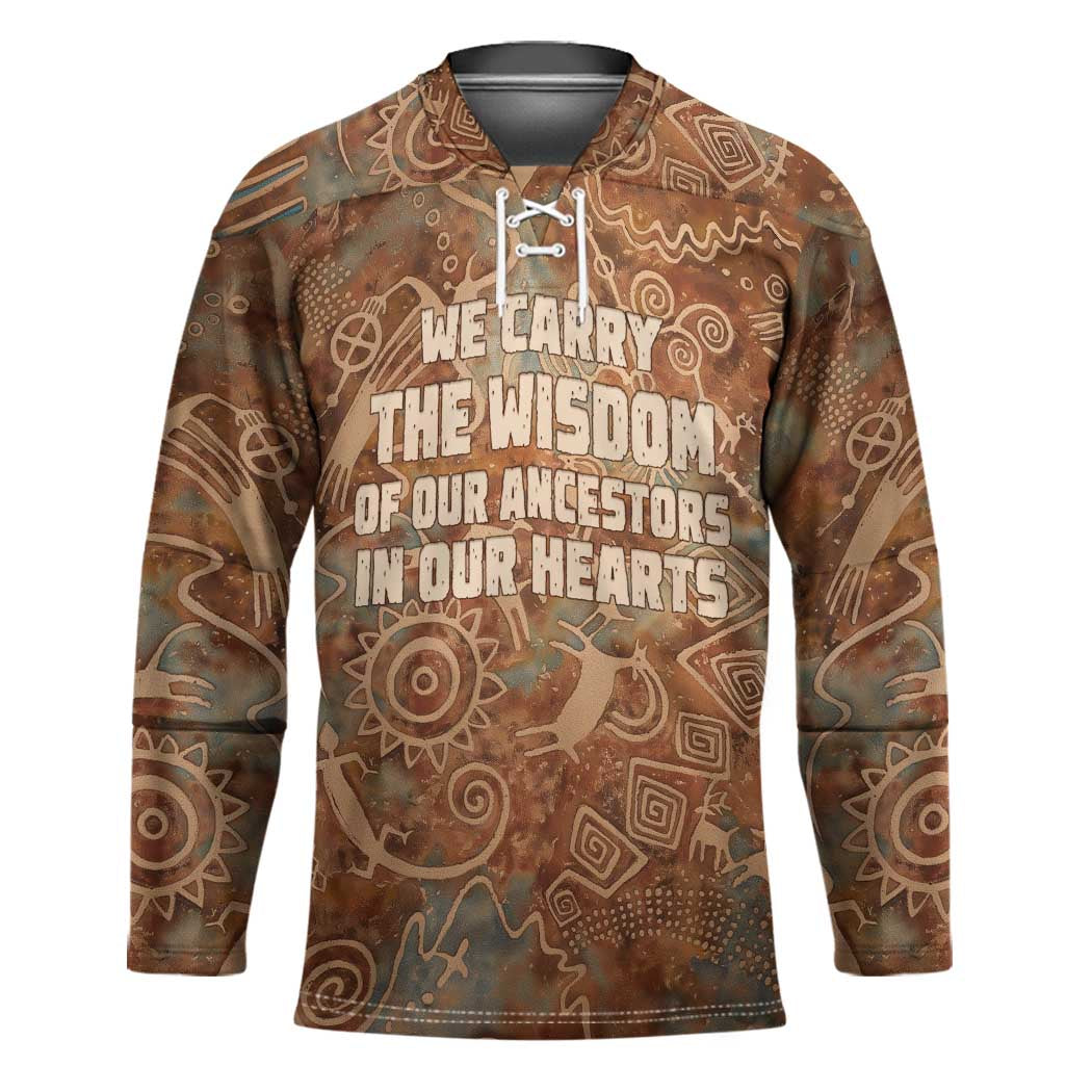 We Carry The Wisdom Hockey Jersey African Ancient Symbols, Earthy Tones, and Ancestral Wisdom Quote - Wonder Print Shop