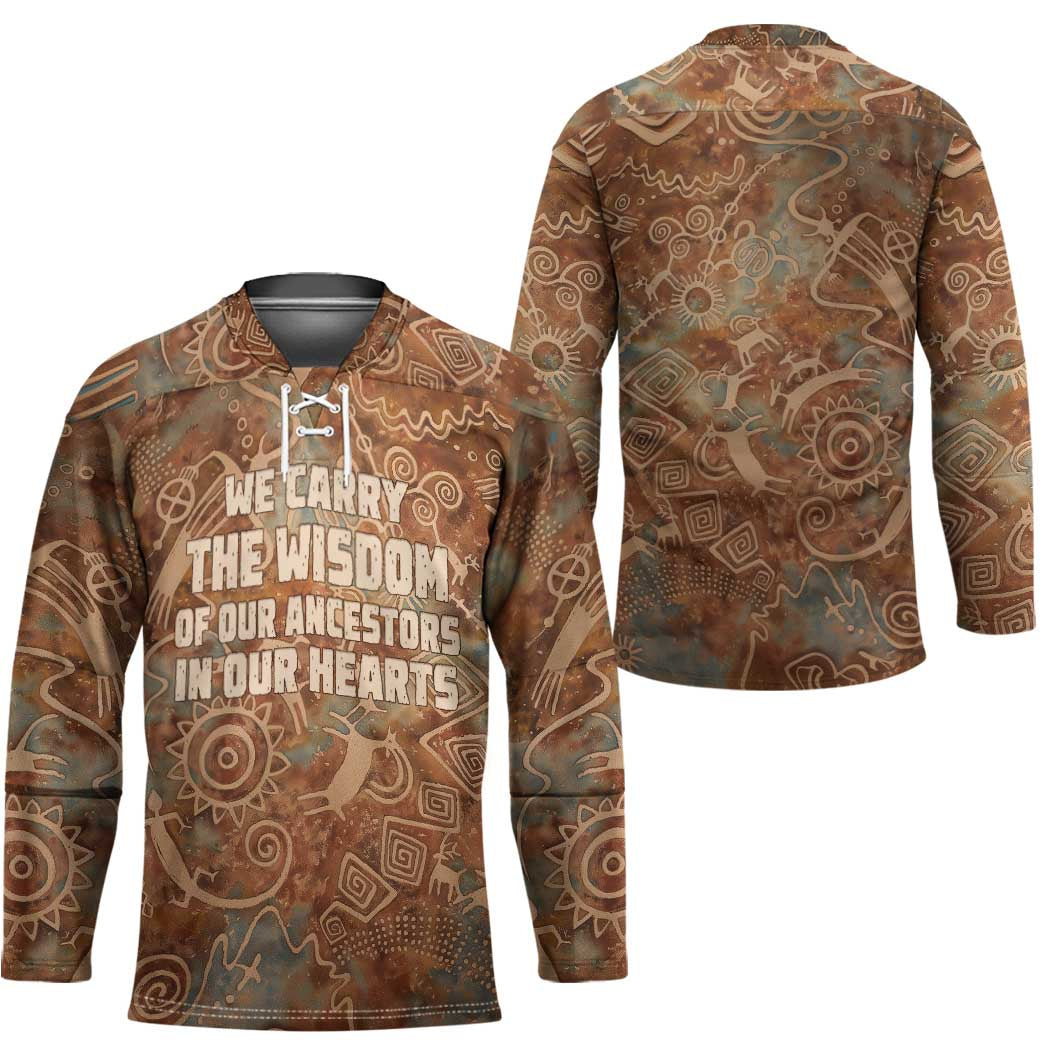We Carry The Wisdom Hockey Jersey African Ancient Symbols, Earthy Tones, and Ancestral Wisdom Quote - Wonder Print Shop