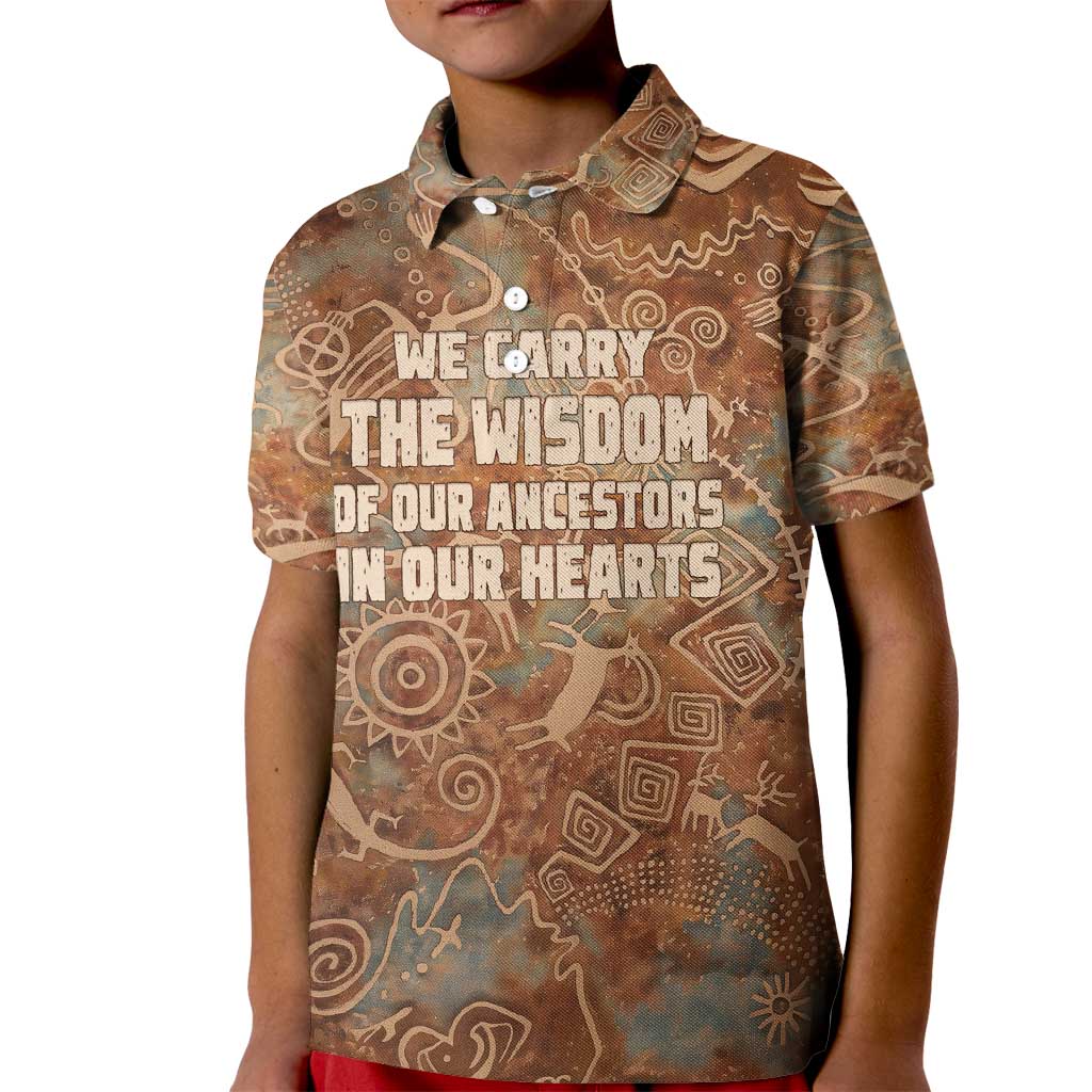 We Carry The Wisdom Kid Polo Shirt African Ancient Symbols, Earthy Tones, and Ancestral Wisdom Quote - Wonder Print Shop