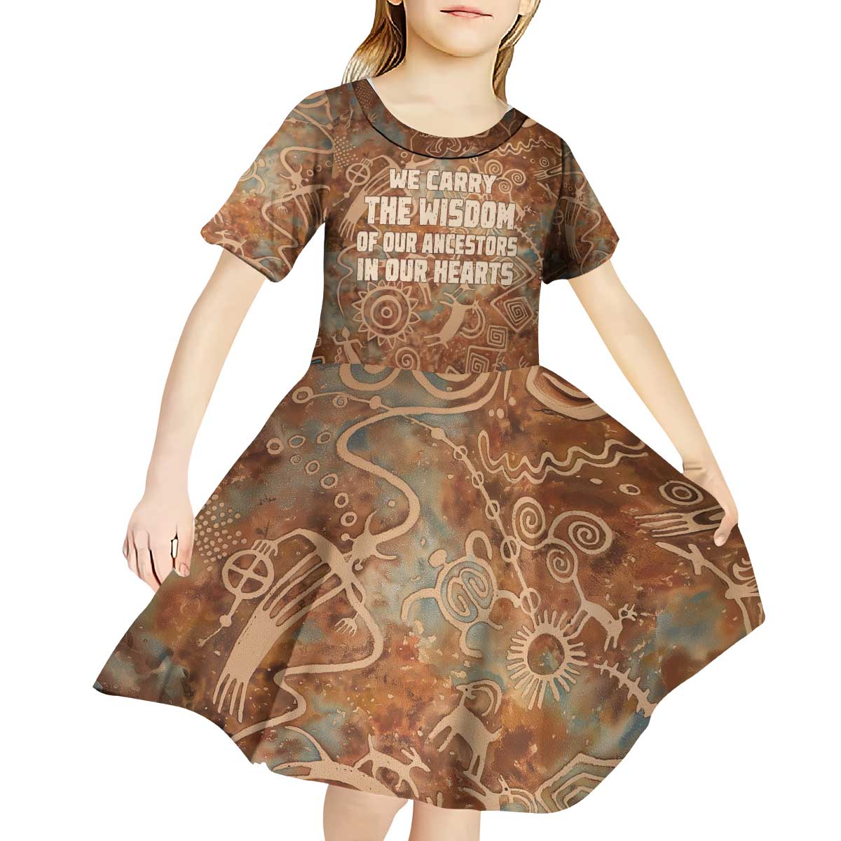 We Carry The Wisdom Kid Short Sleeve Dress African Ancient Symbols, Earthy Tones, and Ancestral Wisdom Quote - Wonder Print Shop