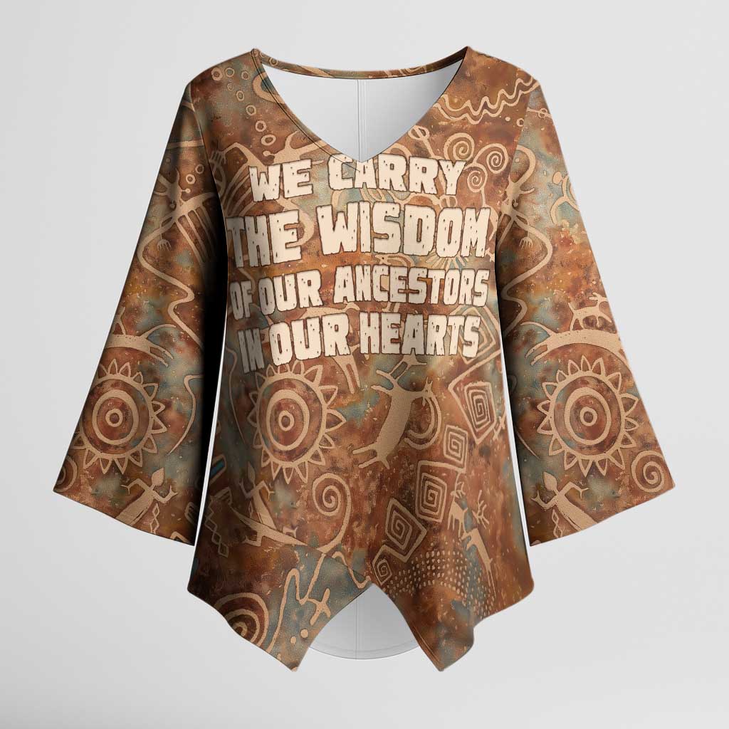We Carry The Wisdom Kimono Sleeve Blouse African Ancient Symbols, Earthy Tones, and Ancestral Wisdom Quote - Wonder Print Shop