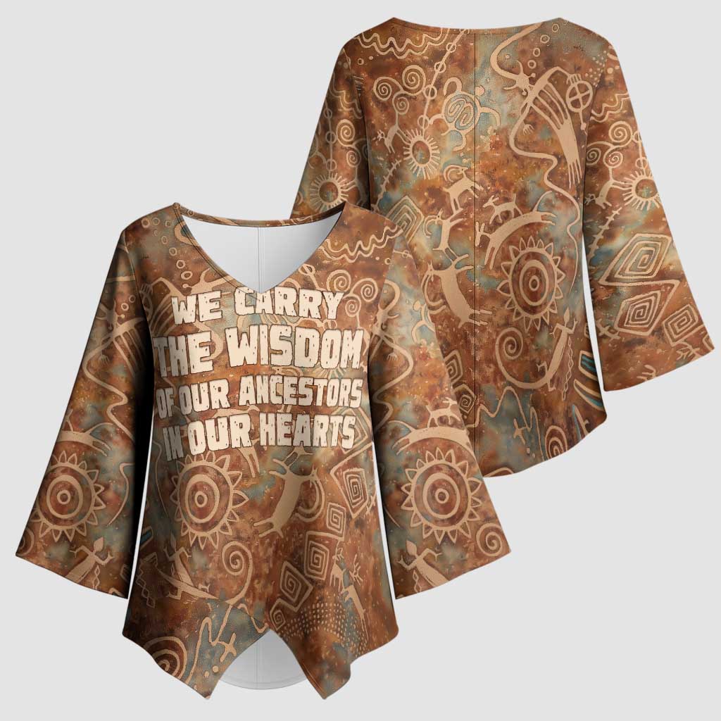 We Carry The Wisdom Kimono Sleeve Blouse African Ancient Symbols, Earthy Tones, and Ancestral Wisdom Quote - Wonder Print Shop