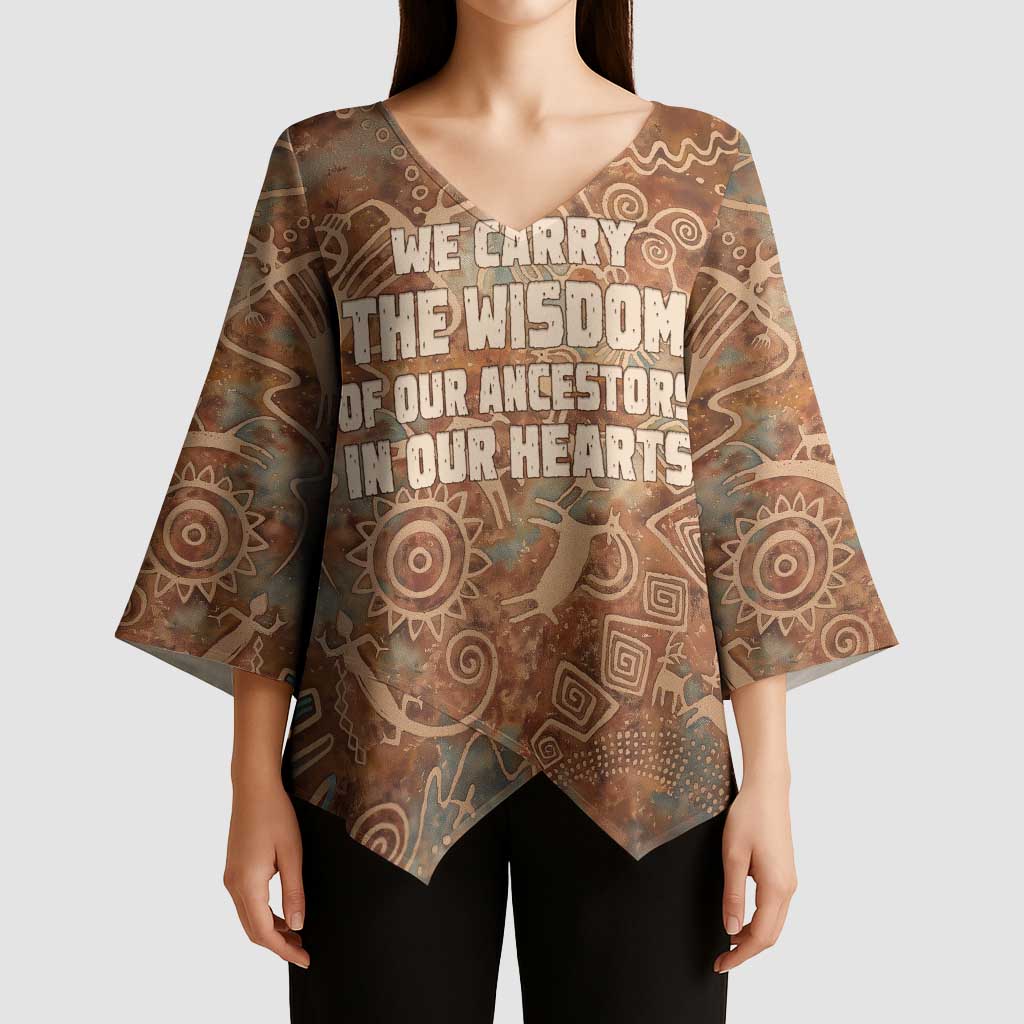 We Carry The Wisdom Kimono Sleeve Blouse African Ancient Symbols, Earthy Tones, and Ancestral Wisdom Quote - Wonder Print Shop