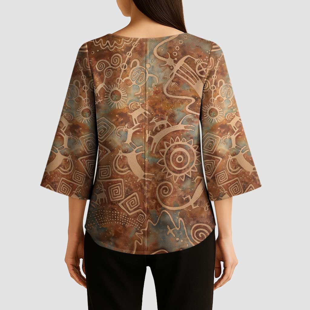 We Carry The Wisdom Kimono Sleeve Blouse African Ancient Symbols, Earthy Tones, and Ancestral Wisdom Quote - Wonder Print Shop