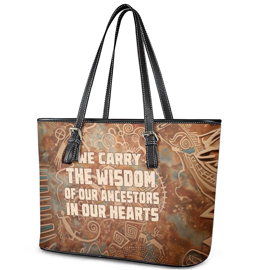 We Carry The Wisdom Leather Tote Bag African Ancient Symbols, Earthy Tones, and Ancestral Wisdom Quote - Wonder Print Shop