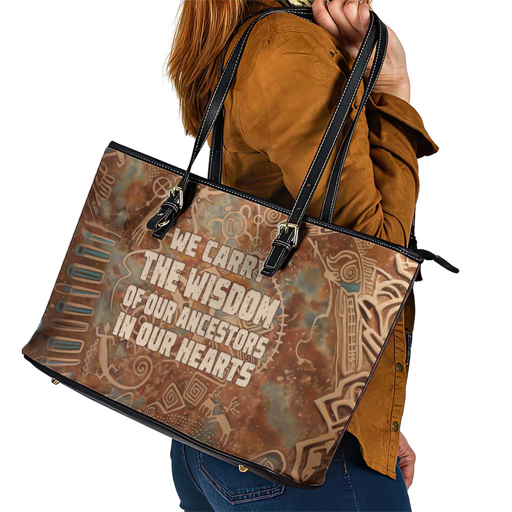 We Carry The Wisdom Leather Tote Bag African Ancient Symbols, Earthy Tones, and Ancestral Wisdom Quote - Wonder Print Shop