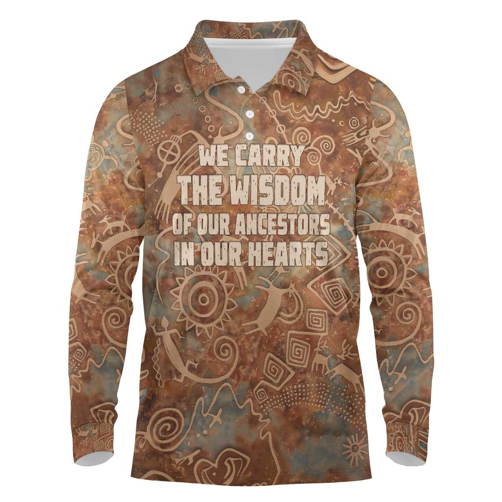 We Carry The Wisdom Long Sleeve Polo Shirt African Ancient Symbols, Earthy Tones, and Ancestral Wisdom Quote - Wonder Print Shop