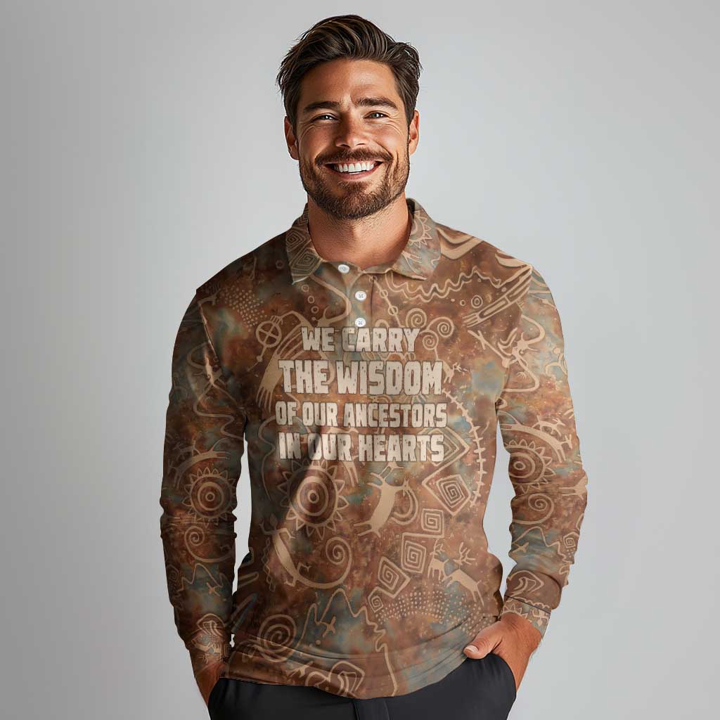 We Carry The Wisdom Long Sleeve Polo Shirt African Ancient Symbols, Earthy Tones, and Ancestral Wisdom Quote - Wonder Print Shop