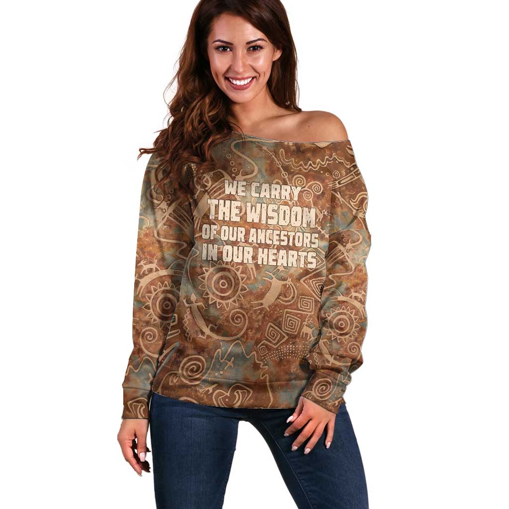 We Carry The Wisdom Off Shoulder Sweater African Ancient Symbols, Earthy Tones, and Ancestral Wisdom Quote - Wonder Print Shop
