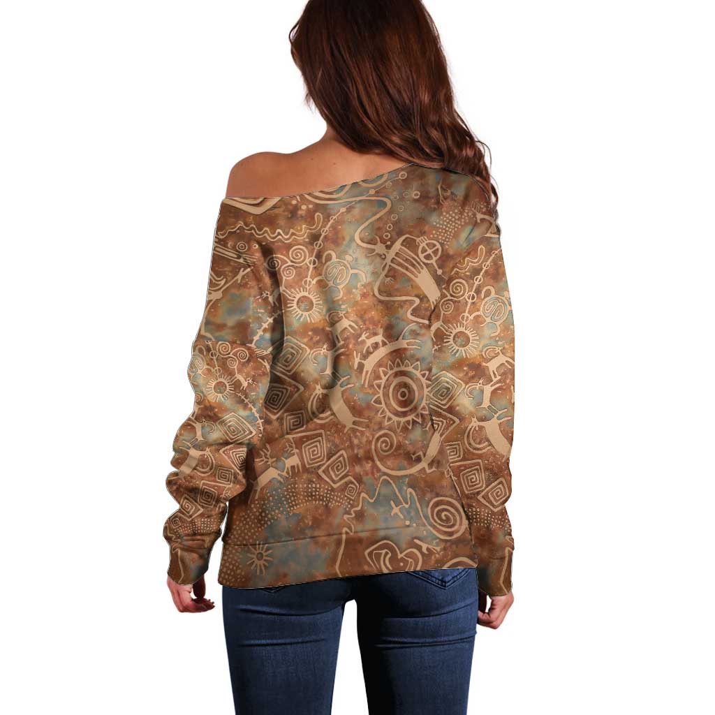 We Carry The Wisdom Off Shoulder Sweater African Ancient Symbols, Earthy Tones, and Ancestral Wisdom Quote - Wonder Print Shop