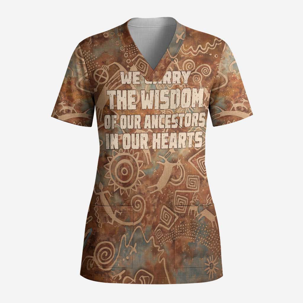 We Carry The Wisdom Scrub Top African Ancient Symbols, Earthy Tones, and Ancestral Wisdom Quote - Wonder Print Shop