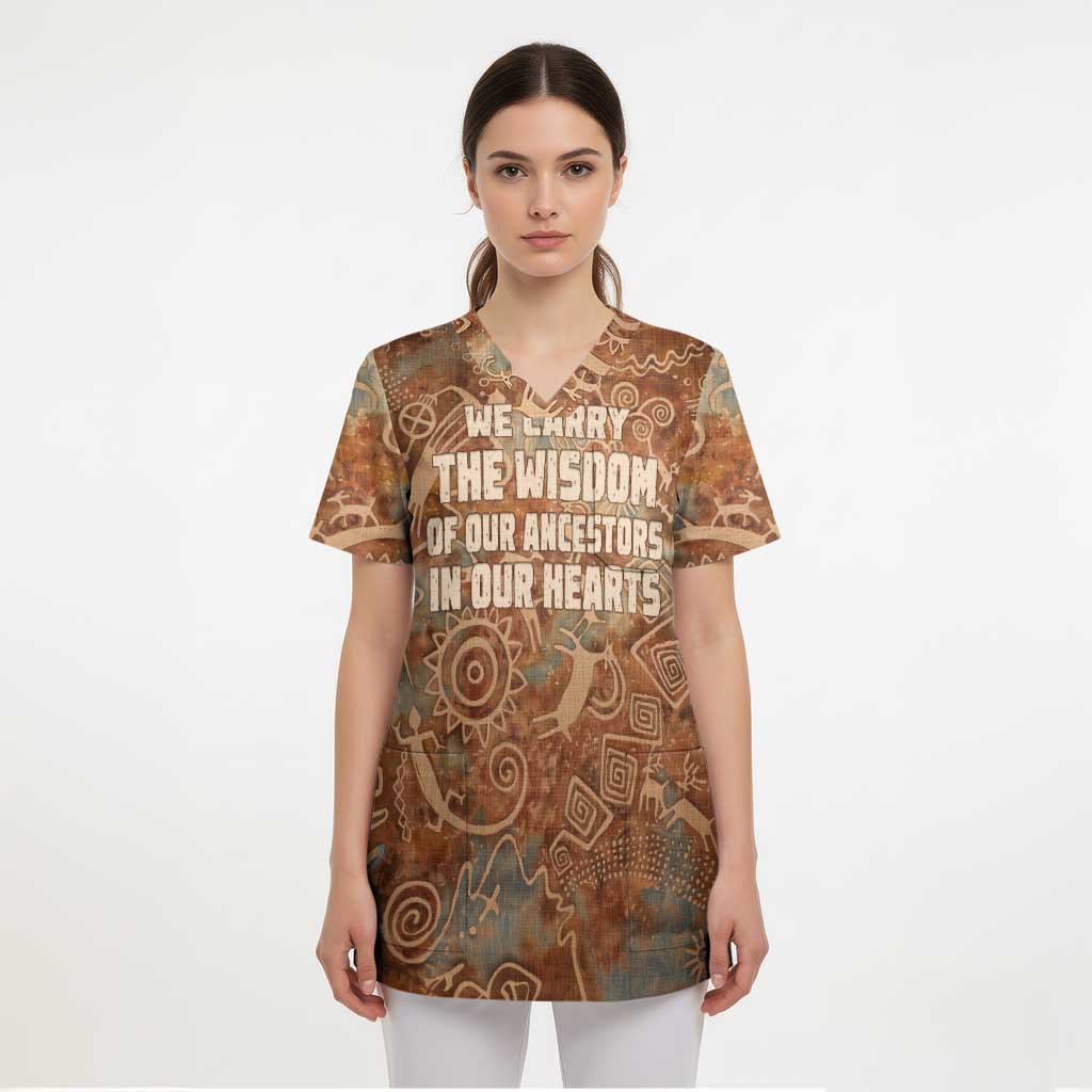 We Carry The Wisdom Scrub Top African Ancient Symbols, Earthy Tones, and Ancestral Wisdom Quote - Wonder Print Shop