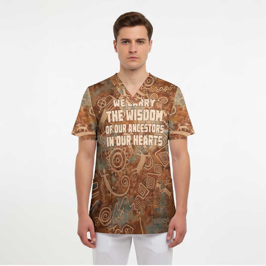 We Carry The Wisdom Scrub Top African Ancient Symbols, Earthy Tones, and Ancestral Wisdom Quote - Wonder Print Shop