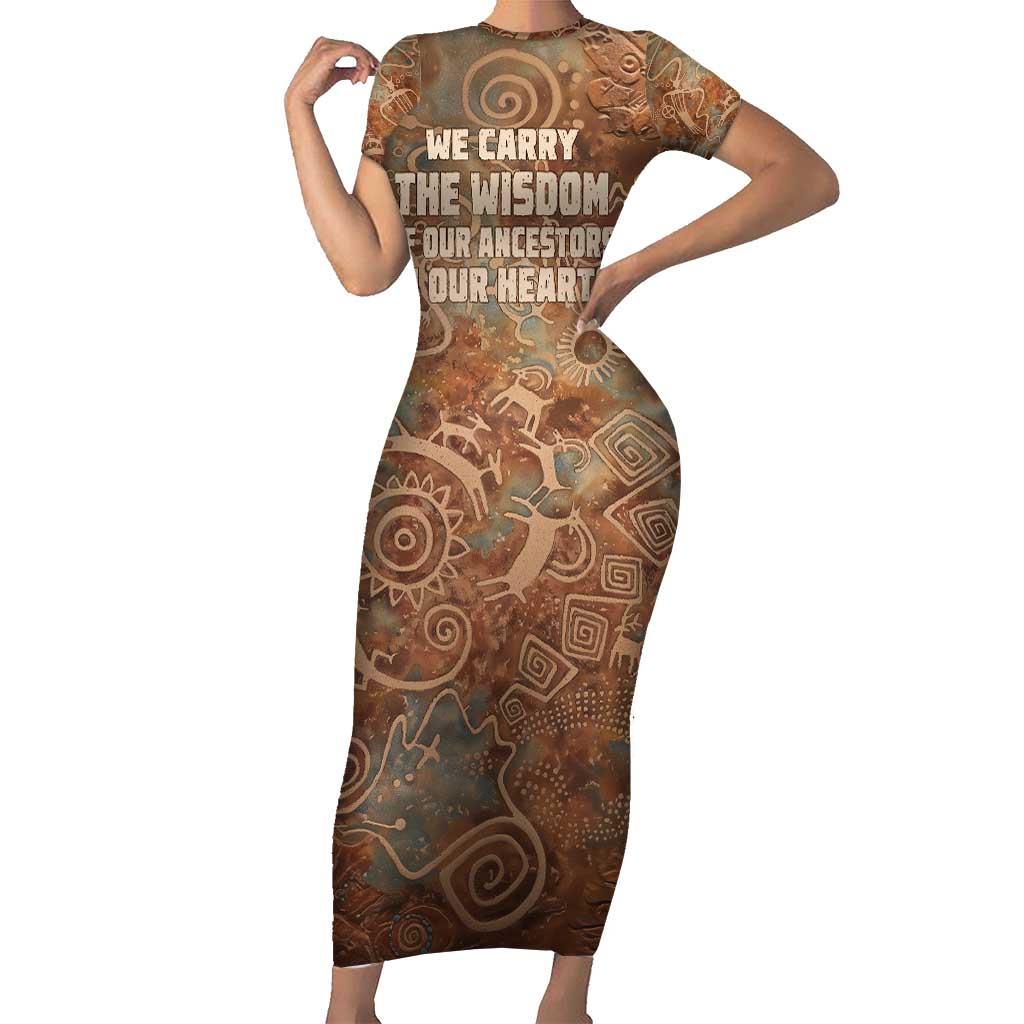 We Carry The Wisdom Short Sleeve Bodycon Dress African Ancient Symbols, Earthy Tones, and Ancestral Wisdom Quote - Wonder Print Shop