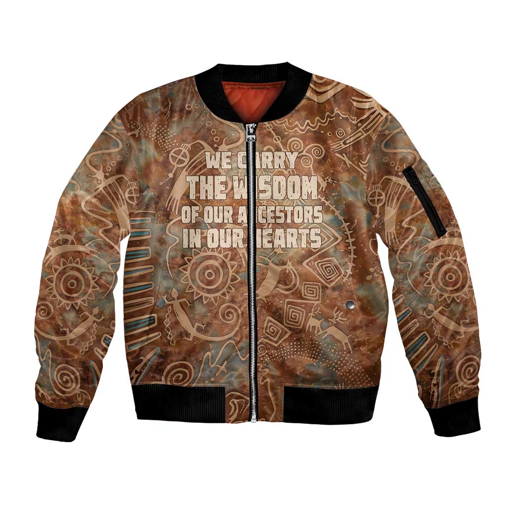 We Carry The Wisdom Sleeve Zip Bomber Jacket African Ancient Symbols, Earthy Tones, and Ancestral Wisdom Quote - Wonder Print Shop