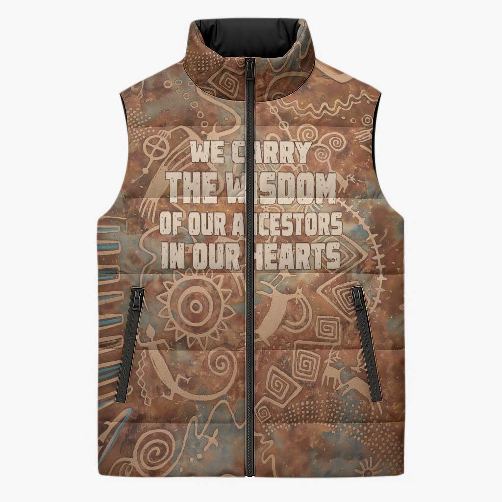 We Carry The Wisdom Sleeveless Puffer Jacket African Ancient Symbols, Earthy Tones, and Ancestral Wisdom Quote - Wonder Print Shop