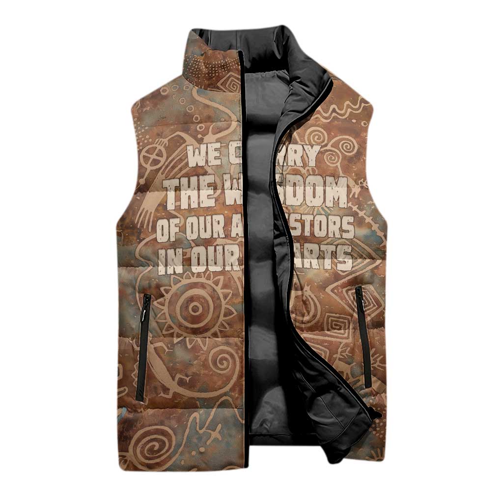We Carry The Wisdom Sleeveless Puffer Jacket African Ancient Symbols, Earthy Tones, and Ancestral Wisdom Quote - Wonder Print Shop
