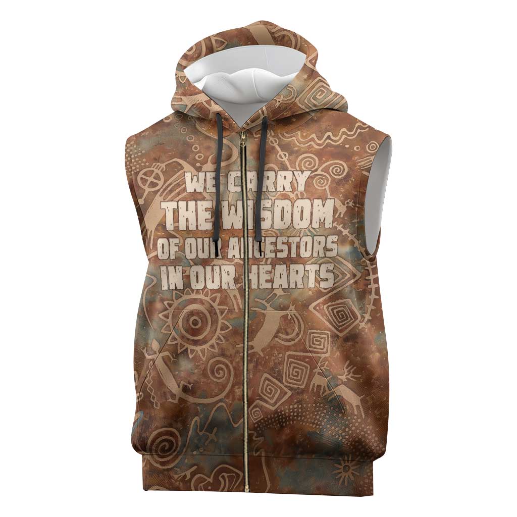 We Carry The Wisdom Sleeveless Zip Hoodie African Ancient Symbols, Earthy Tones, and Ancestral Wisdom Quote - Wonder Print Shop