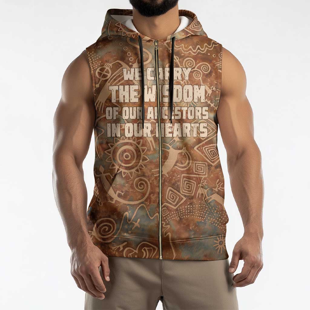 We Carry The Wisdom Sleeveless Zip Hoodie African Ancient Symbols, Earthy Tones, and Ancestral Wisdom Quote - Wonder Print Shop