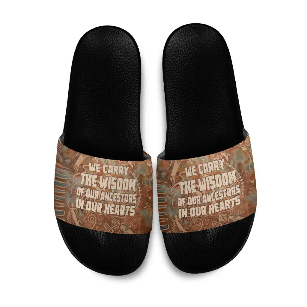 We Carry The Wisdom Slide Sandals African Ancient Symbols, Earthy Tones, and Ancestral Wisdom Quote - Wonder Print Shop