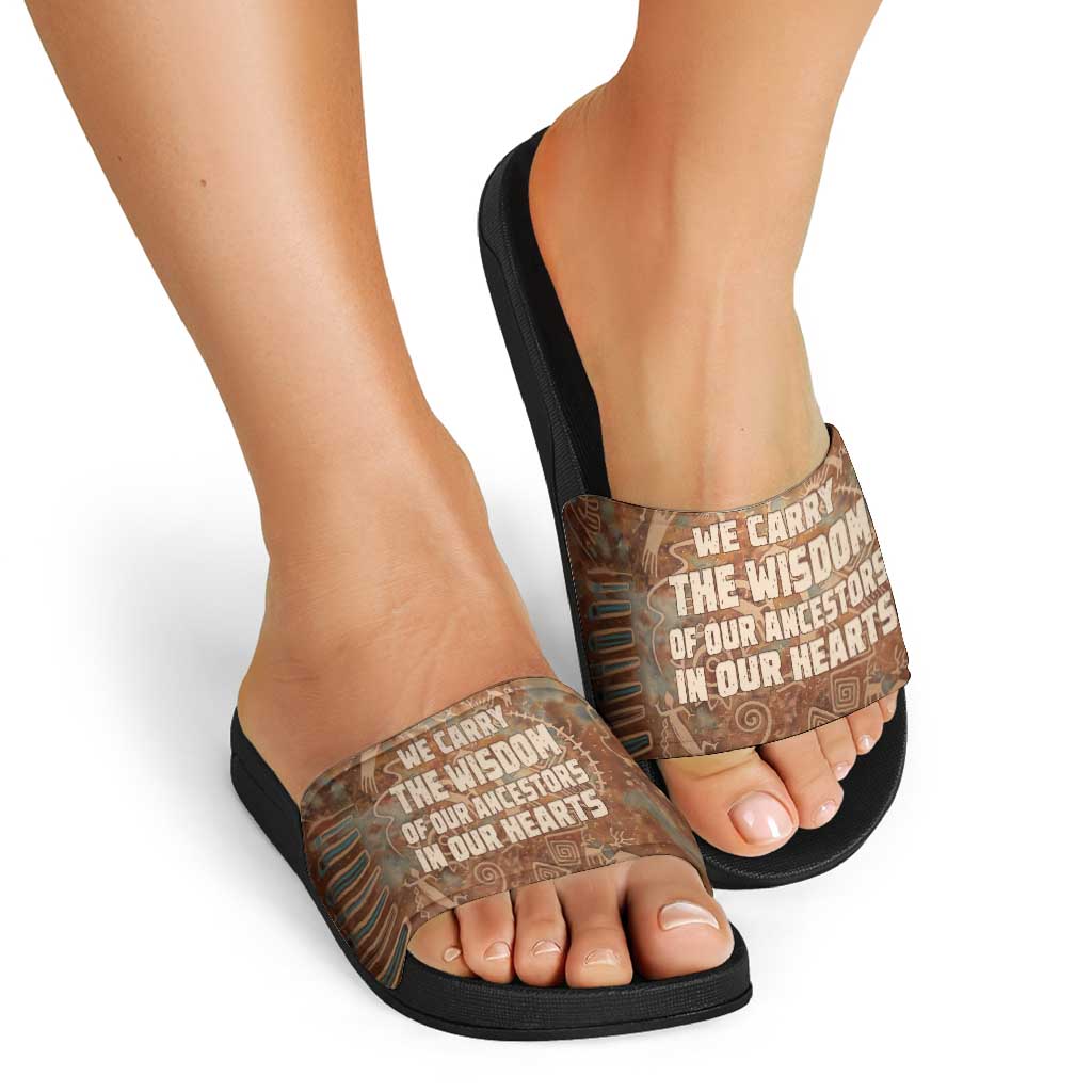 We Carry The Wisdom Slide Sandals African Ancient Symbols, Earthy Tones, and Ancestral Wisdom Quote - Wonder Print Shop
