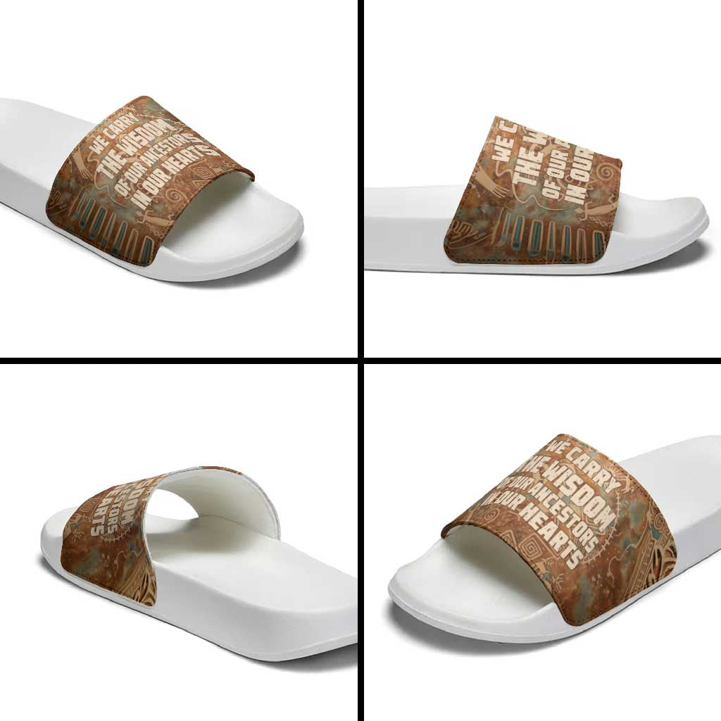 We Carry The Wisdom Slide Sandals African Ancient Symbols, Earthy Tones, and Ancestral Wisdom Quote - Wonder Print Shop