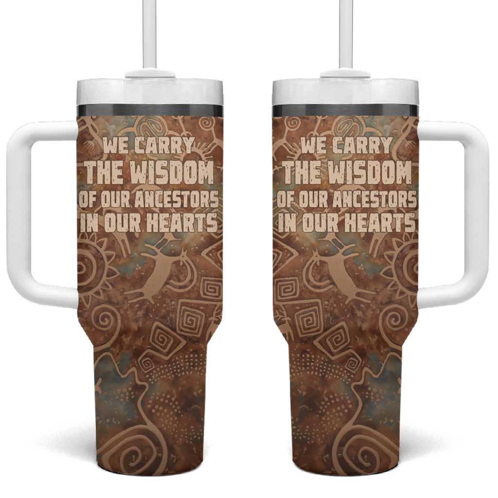 We Carry The Wisdom Tumbler With Handle African Ancient Symbols, Earthy Tones, and Ancestral Wisdom Quote - Wonder Print Shop