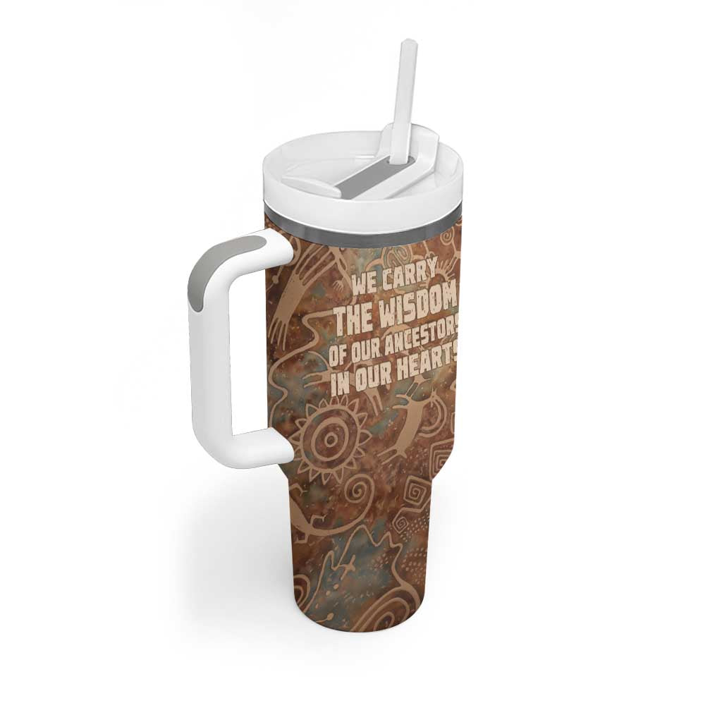 We Carry The Wisdom Tumbler With Handle African Ancient Symbols, Earthy Tones, and Ancestral Wisdom Quote - Wonder Print Shop