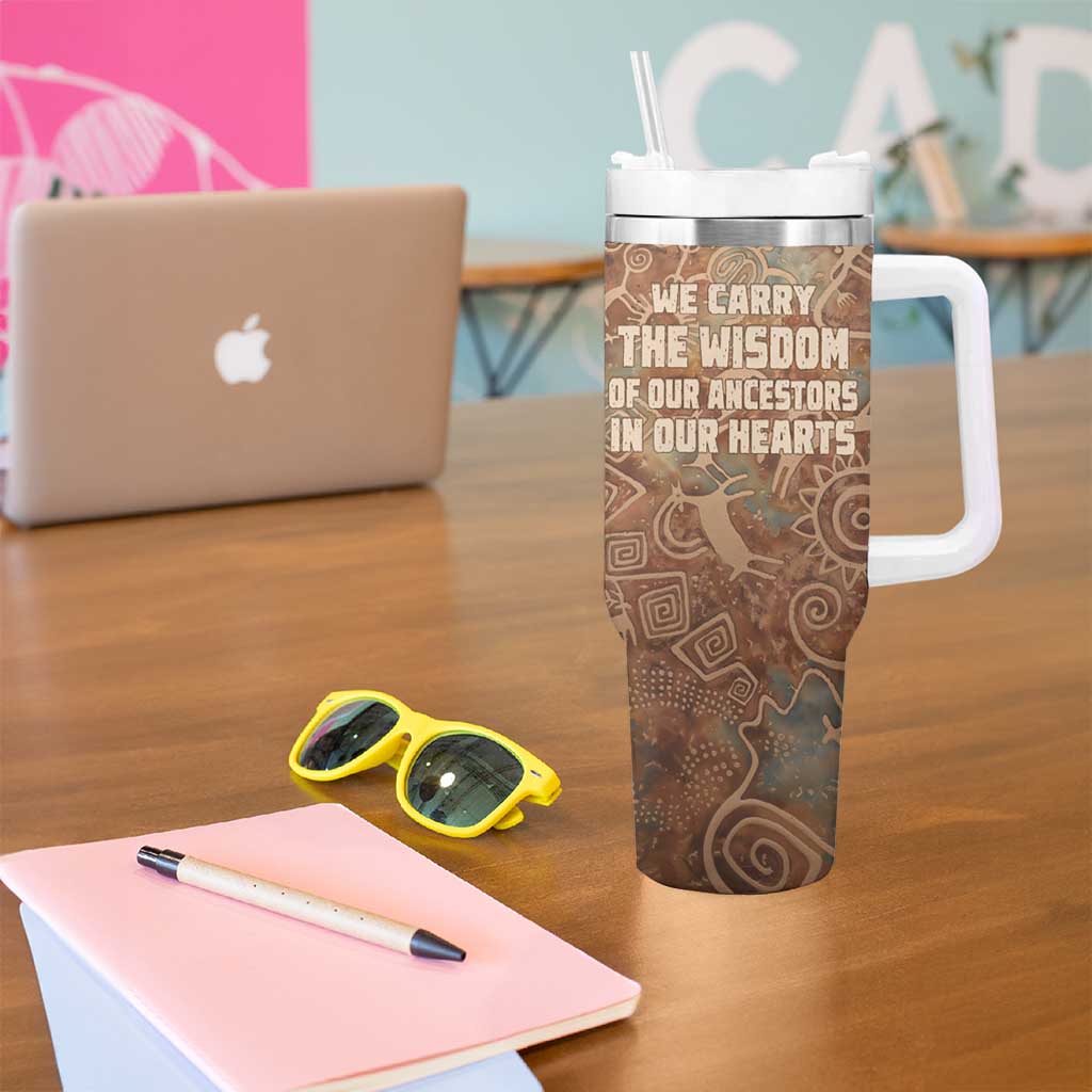 We Carry The Wisdom Tumbler With Handle African Ancient Symbols, Earthy Tones, and Ancestral Wisdom Quote - Wonder Print Shop