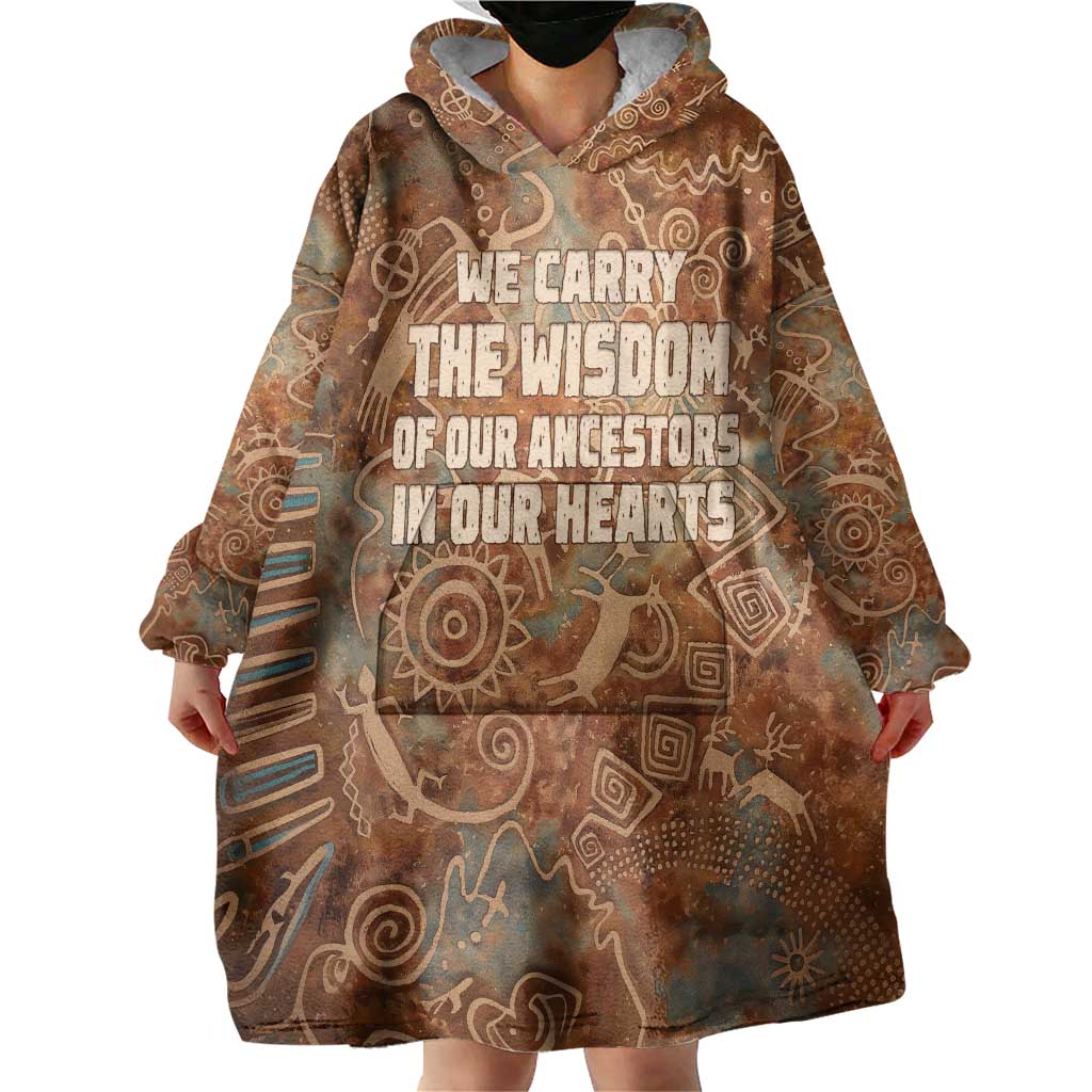 We Carry The Wisdom Wearable Blanket Hoodie African Ancient Symbols, Earthy Tones, and Ancestral Wisdom Quote - Wonder Print Shop
