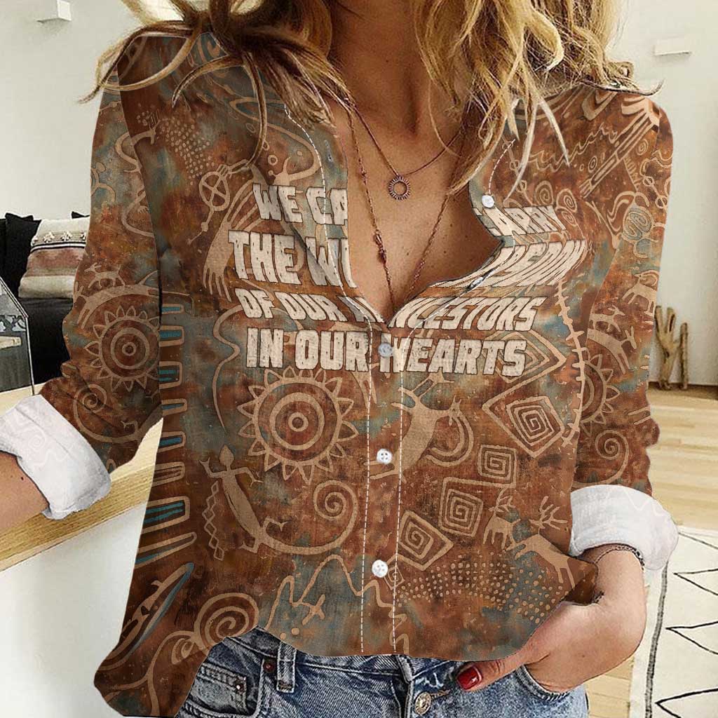 We Carry The Wisdom Women Casual Shirt African Ancient Symbols, Earthy Tones, and Ancestral Wisdom Quote - Wonder Print Shop
