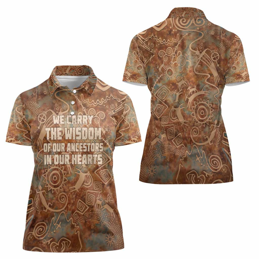 We Carry The Wisdom Women Polo Shirt African Ancient Symbols, Earthy Tones, and Ancestral Wisdom Quote - Wonder Print Shop