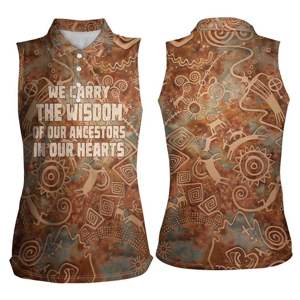 We Carry The Wisdom Women Sleeveless Polo Shirt African Ancient Symbols, Earthy Tones, and Ancestral Wisdom Quote - Wonder Print Shop