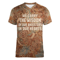 We Carry The Wisdom Women V-Neck T-Shirt African Ancient Symbols, Earthy Tones, and Ancestral Wisdom Quote - Wonder Print Shop