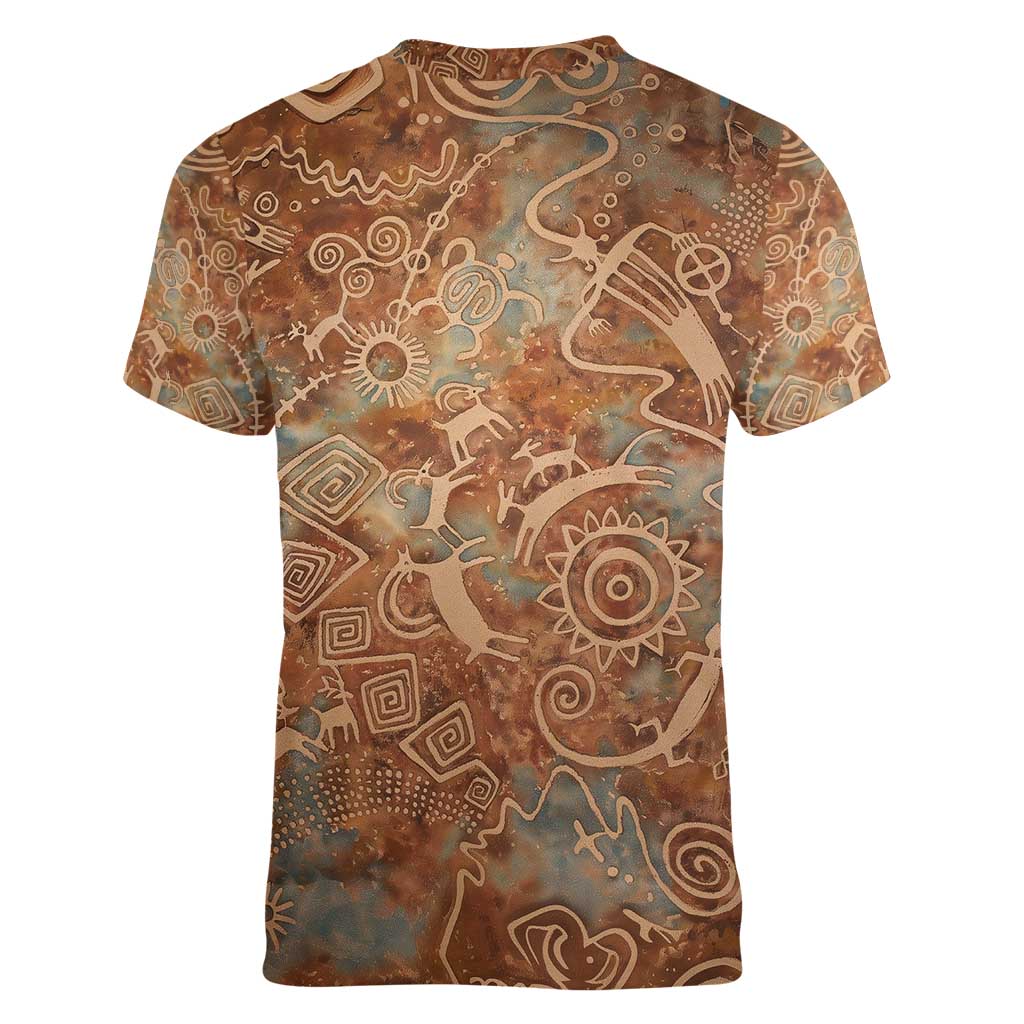 We Carry The Wisdom Women V-Neck T-Shirt African Ancient Symbols, Earthy Tones, and Ancestral Wisdom Quote - Wonder Print Shop