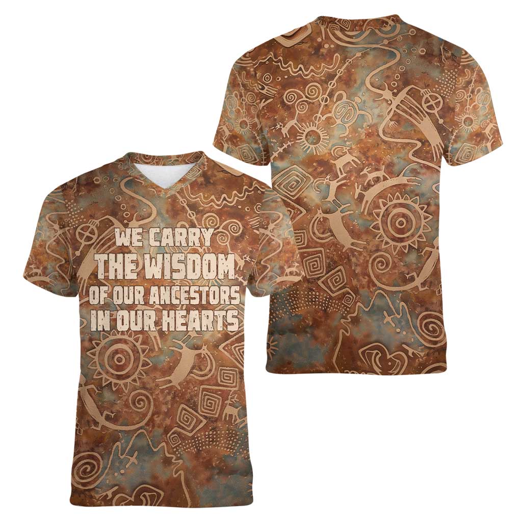 We Carry The Wisdom Women V-Neck T-Shirt African Ancient Symbols, Earthy Tones, and Ancestral Wisdom Quote - Wonder Print Shop