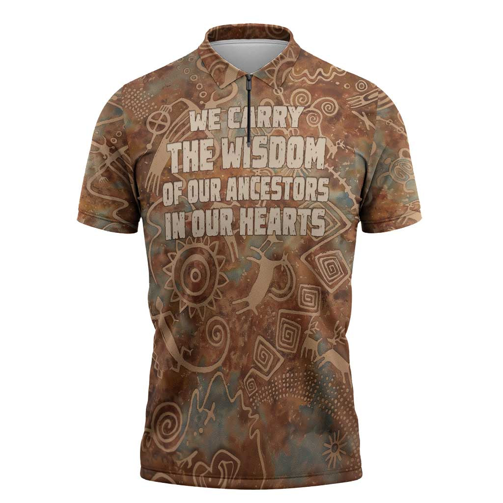 We Carry The Wisdom Zipper Polo Shirt African Ancient Symbols, Earthy Tones, and Ancestral Wisdom Quote - Wonder Print Shop