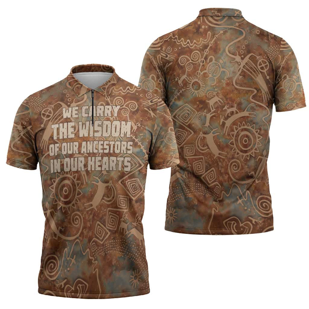 We Carry The Wisdom Zipper Polo Shirt African Ancient Symbols, Earthy Tones, and Ancestral Wisdom Quote - Wonder Print Shop