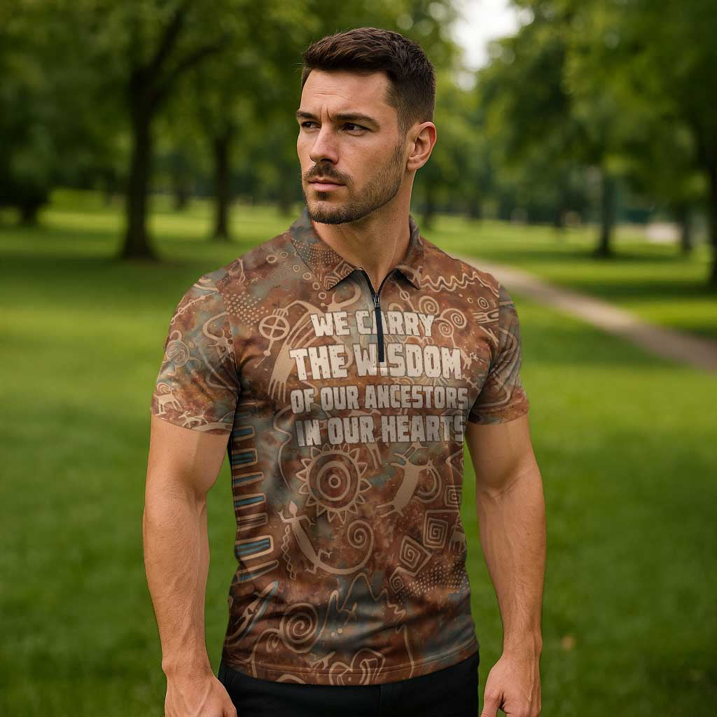 We Carry The Wisdom Zipper Polo Shirt African Ancient Symbols, Earthy Tones, and Ancestral Wisdom Quote - Wonder Print Shop