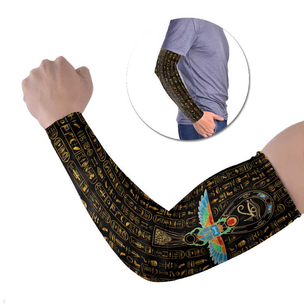 Ancient Pride Arm Sleeves African Hieroglyphic Pattern, Eye of Horus, and Sacred Scarab Symbol - Wonder Print Shop