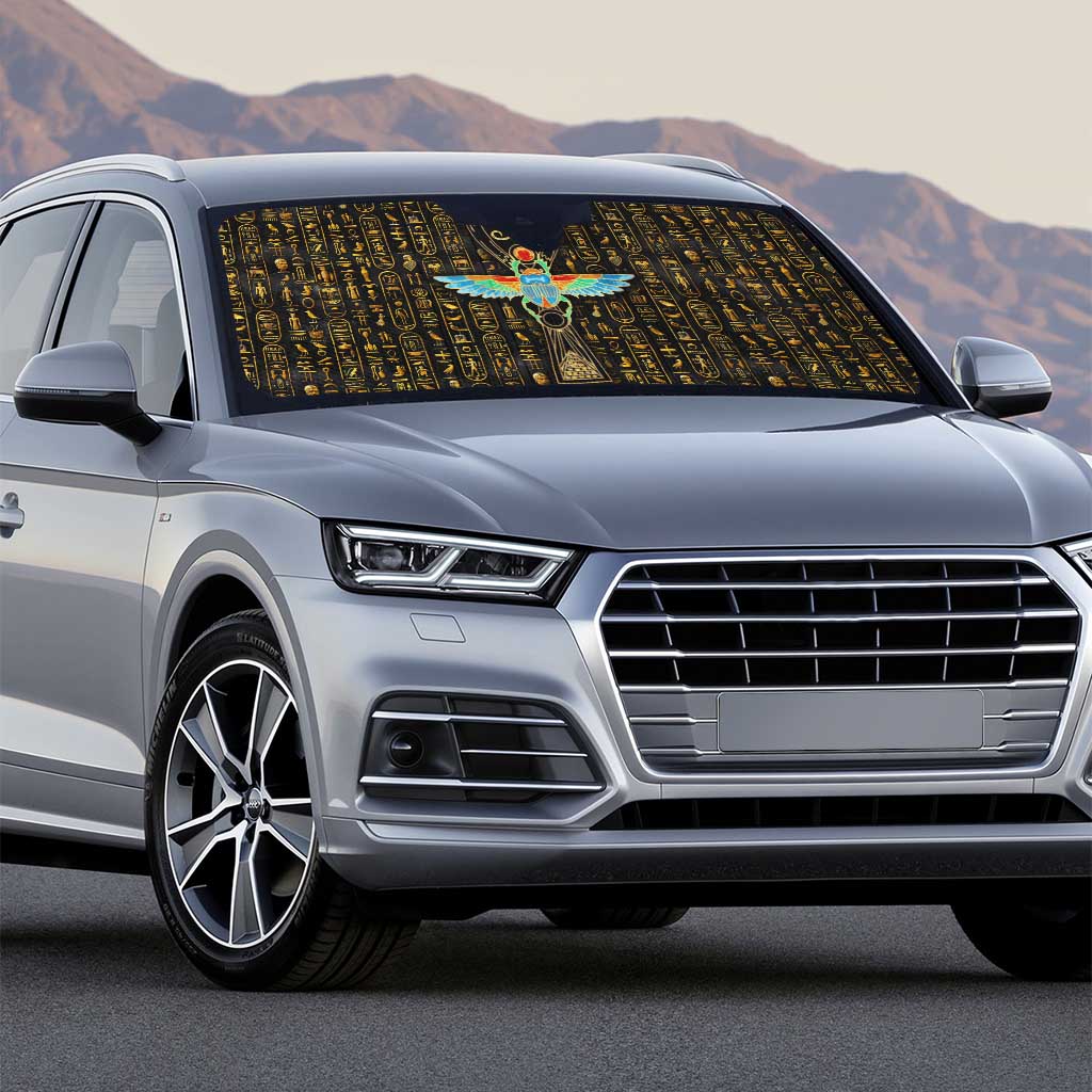 Ancient Pride Auto Sun Shade African Hieroglyphic Pattern, Eye of Horus, and Sacred Scarab Symbol - Wonder Print Shop