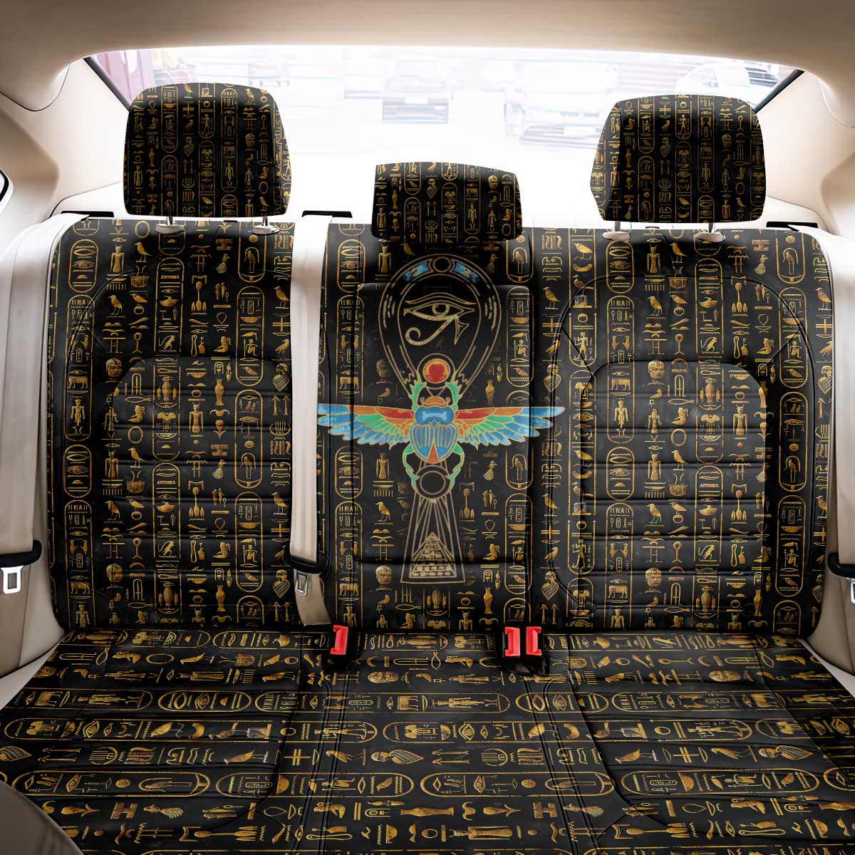 Ancient Pride Back Car Seat Cover African Hieroglyphic Pattern, Eye of Horus, and Sacred Scarab Symbol - Wonder Print Shop