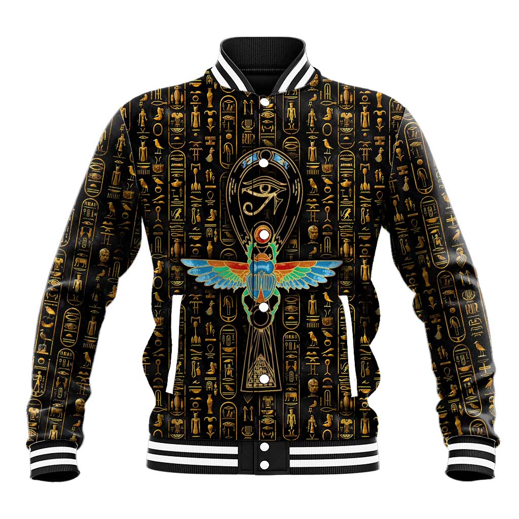 Ancient Pride Baseball Jacket African Hieroglyphic Pattern, Eye of Horus, and Sacred Scarab Symbol - Wonder Print Shop