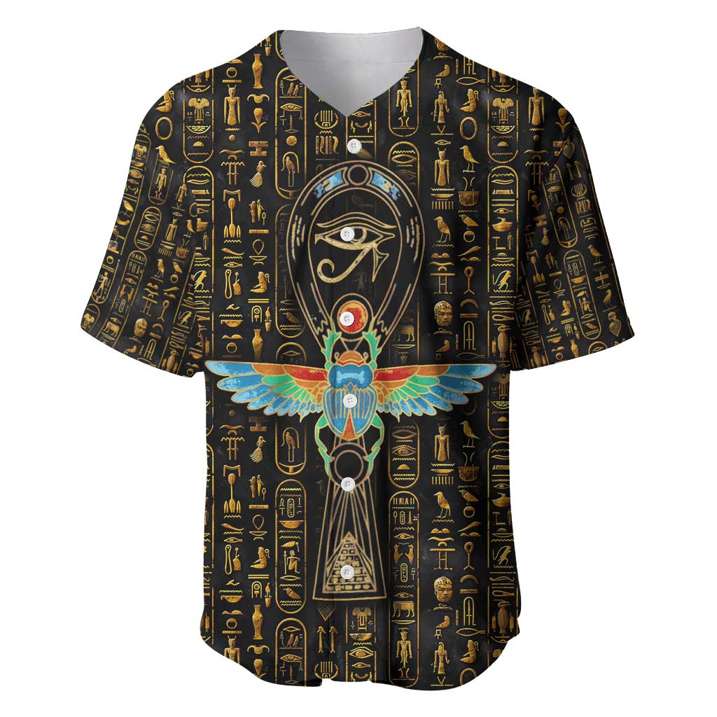Ancient Pride Baseball Jersey African Hieroglyphic Pattern, Eye of Horus, and Sacred Scarab Symbol - Wonder Print Shop
