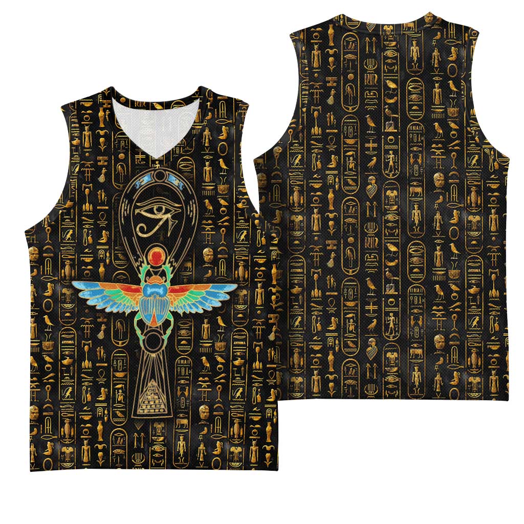 Ancient Pride Basketball Jersey African Hieroglyphic Pattern, Eye of Horus, and Sacred Scarab Symbol - Wonder Print Shop