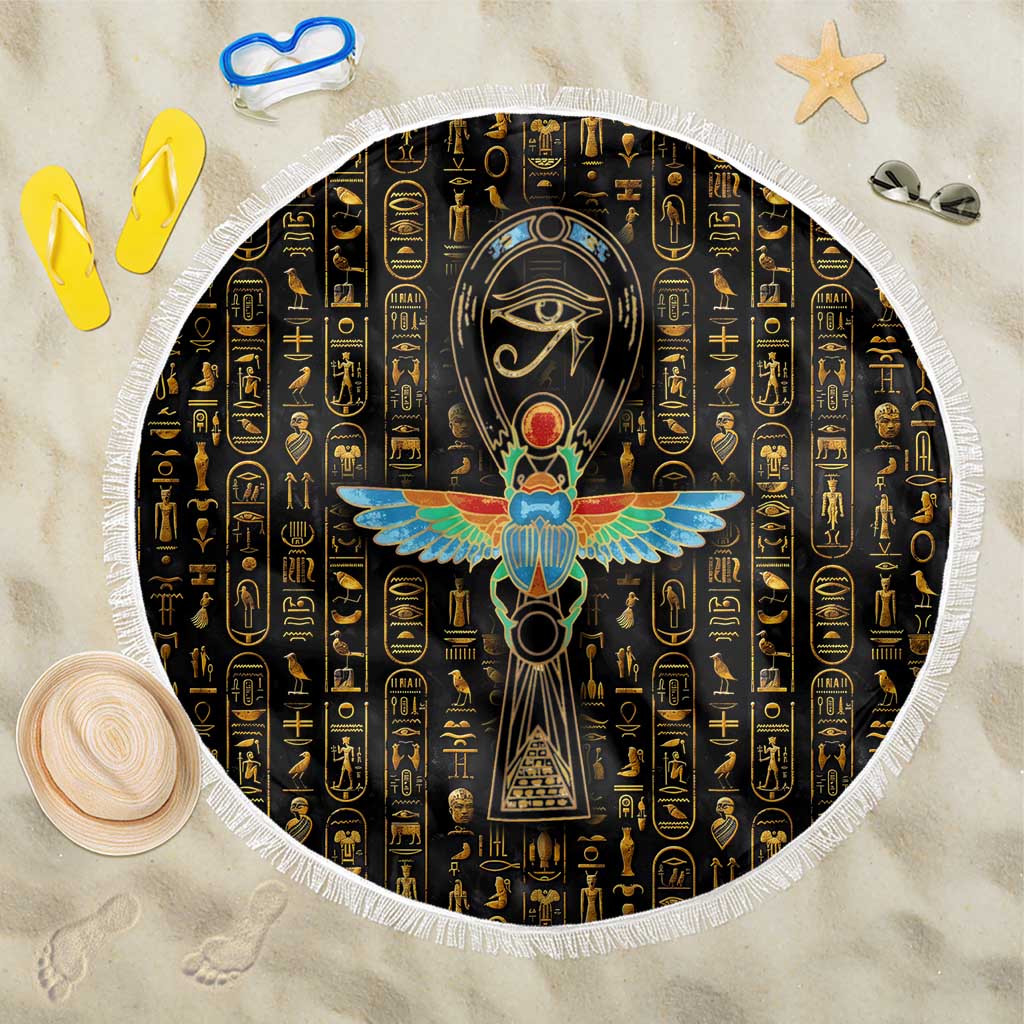 Ancient Pride Beach Blanket African Hieroglyphic Pattern, Eye of Horus, and Sacred Scarab Symbol - Wonder Print Shop